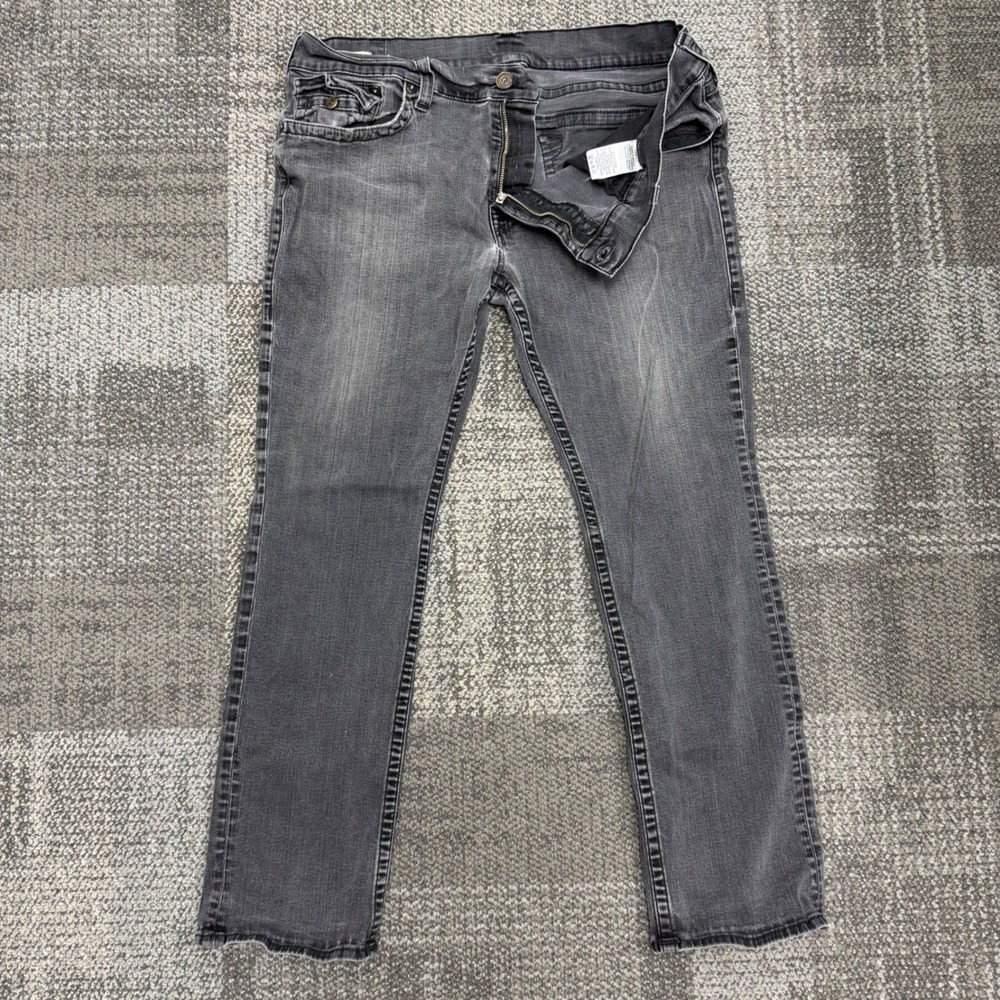 True Religion Ricky Relaxed Straight Jeans Mens 42 Rinse Black Faded Flap Pocket